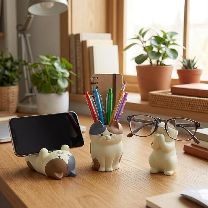 3 PS Cat Shaped Phone Holder and Eyeglass Frame with Pen Holder Animal Resin Gift for cat Enthusiasts Home and Office Fashion Accessories-Brown