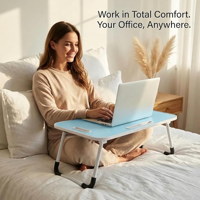 BUYIFY Folding Lap Desk, 23 Inch Portable Wood Blue Laptop Bed Desk Lap Desk with Cup Holder, for Working Reading Writing, Eating, Watching Movies for Bed Sofa Couch Floor- new005 Blue