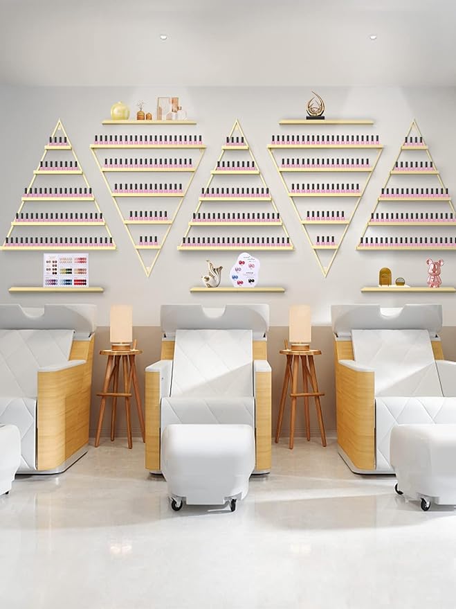 EBANKU 6PCS Nail Polish Racks 5 Tiers Nail Polish Shelf for Wall Triangular Display Rack Cosmetic Display Cases Lipstick Perfume Wall Shelf Essential Oil Organizers for Home Spa Nail Salon Shop(Gold)