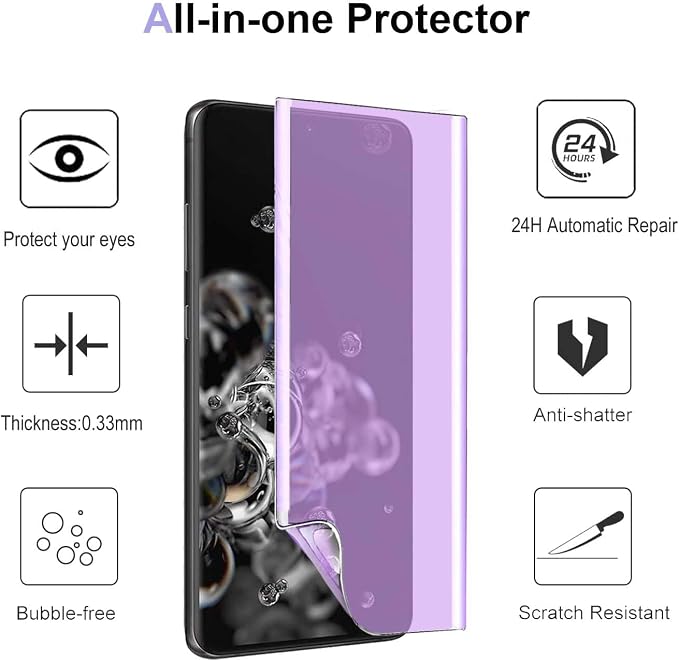 [2+2 Pack] for Galaxy S20 Ultra 6.9Anti-Blue Light Screen Protector [Not Glass]2Pcs Eye Protection Flexible TPU Hydrogel Film with 2Pcs Tempered Glass Camera Lens Protector Case Friendly