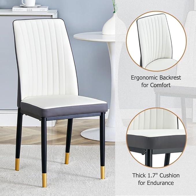Modern Dining Table Set for 4, Marble Kitchen Table Chair Set for 4, Rectangular Kitchen Table with PU Leather Upholstered Chair for Dining Room (Off White-C)
