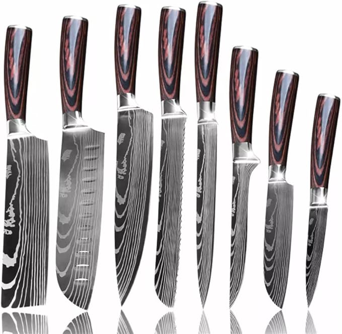 The Epicurean Cook Majesty 8pc Damascus-Pattern Chef Knife Set, Pakkawood