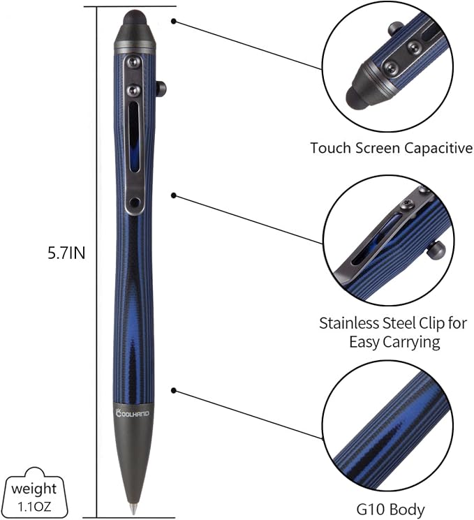 5.7'' G10 EDC Bolt Action Pen Touch Screen Stylus Model 5375-N | Refillable ballpoint ink G10 body with pocket clip ergonomic grip comes with a free refill