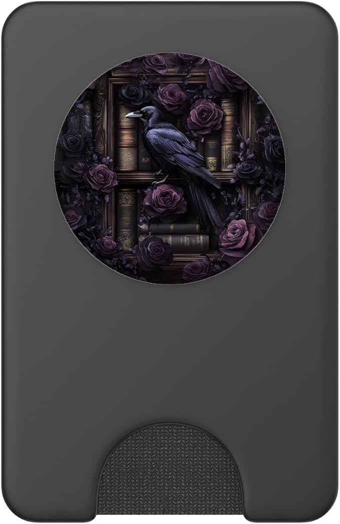 Dark Gothic Bookshelf with Raven and Moody Purple Roses PopSockets Adhesive PopGrip
