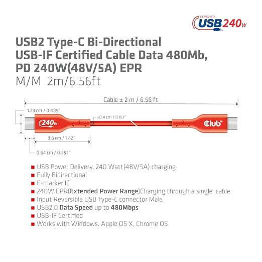 Club 3D CAC-1511 USB2 Type C to Type C Certified Bi-Directional Cable with 240W Charging 480Mb Data Transmission EPR 1m - 3.28ft