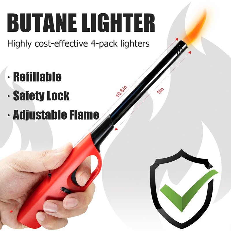 4 Pack Lighter Refillable Butane Lighters, Flexi-Wand Long Lighters for Candle Camping Fireplace Party BBQ Grill(Fuel Not Included)