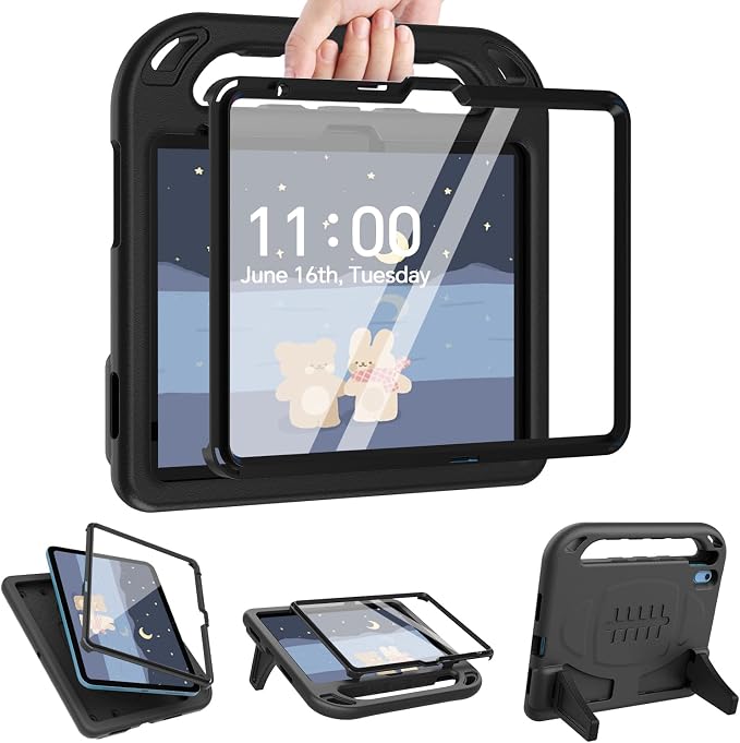 TIRIN Kids Case for iPad A16 11th Generation 2025/iPad 10th Generation 2022 with Built-in Screen Protector Shockproof Handle Stand iPad Case for Kids Black