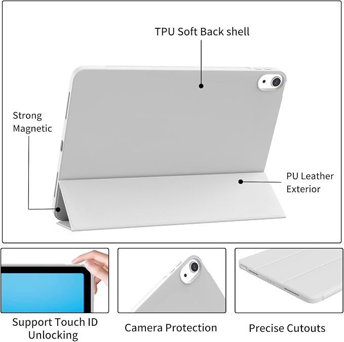 Case for iPad Air 11 Inch M4/M3/M2 iPad Air 5th/4th Gen 10.9 Inch | Soft TPU Back Shell &amp Slim Trifold Stand Cover without Pencil Holder Support Pencil Charging Auto Wake/Sleep Black