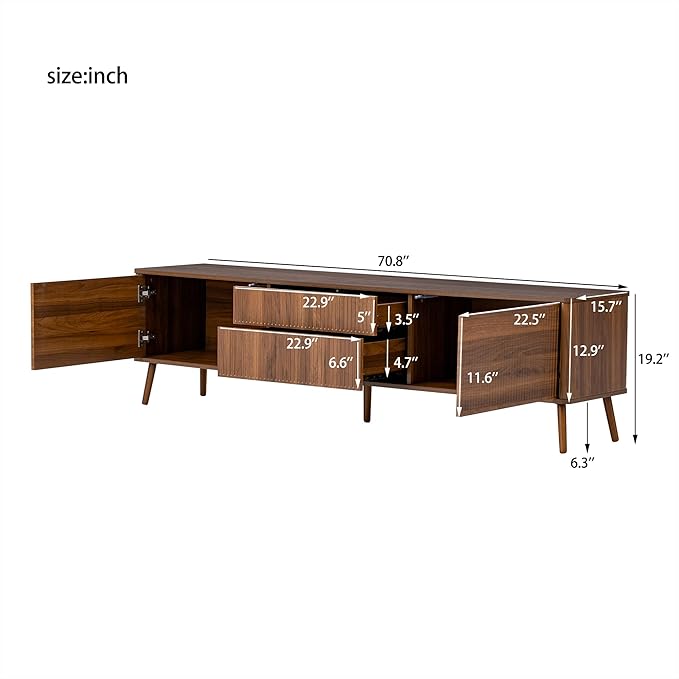 Merax Mid Century 70" TV Stand, Modern Entertainment Center for TVs up to 80", Media Console with Storage, 2 Cabinets & 2 Drawers for Living Room, Office