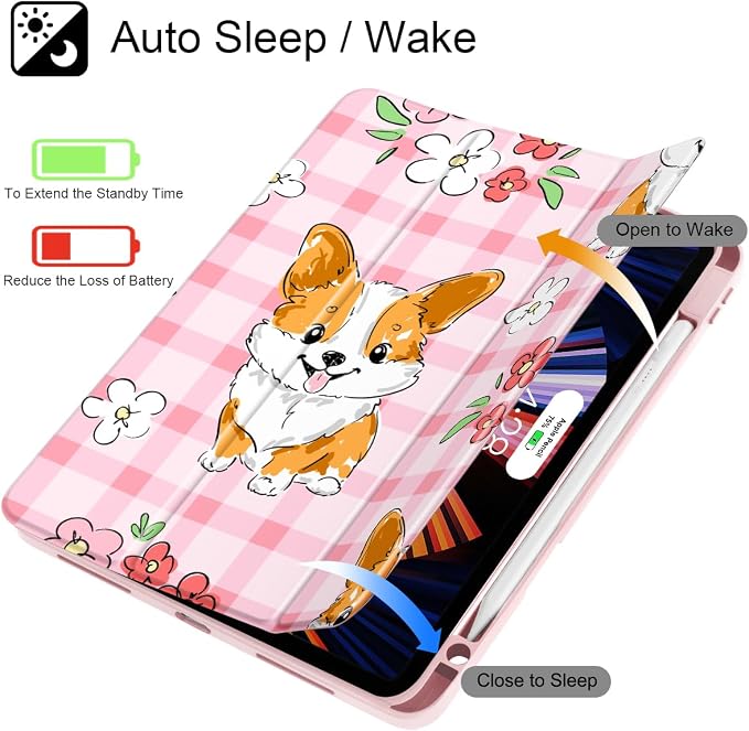 May Chen Case for iPad 12.9 Inch (6th/5th/4th/3rd Generation 2022/2021/2020/2018) Pencel Holder + Trifold Support Auto Sleep/Wake Transparent Shockproof Back Cover Blue Bows