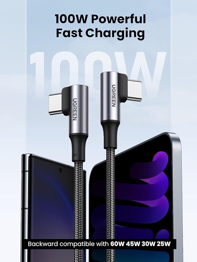 UGREEN 100W Right Angle USB C Cable 90° Ends Fast Charging 10ft | Both ends 90° for gaming &amp bedside. For iPhone 17/16/15 MacBook Galaxy S26/S25/S24 Pixel 10 iPad Switch