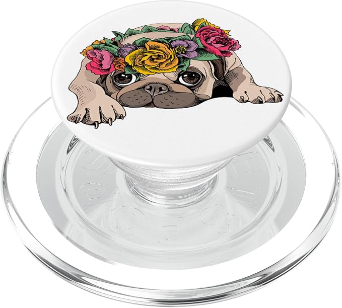 Cute Pug Pop Socket Flower Rose Floral Colorful On White PopSockets Adhesive PopGrip