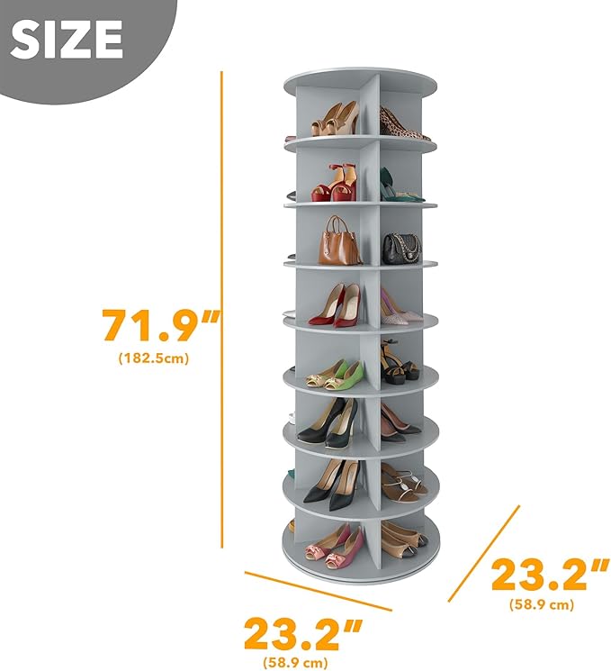 SpaceAid 8 Tier Rotating Shoe Rack Tower, Spinning Shoe Display Lazy Susan, Revolving 360 Shoe Rack Storage Round Carousel, Vertical Handbag Rotate Shoes Closet Organization (8-Tier Gray)