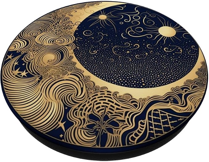 Golden Blue Crescent Moon Celestial Aesthetic Chic Boho PopSockets Adhesive PopGrip