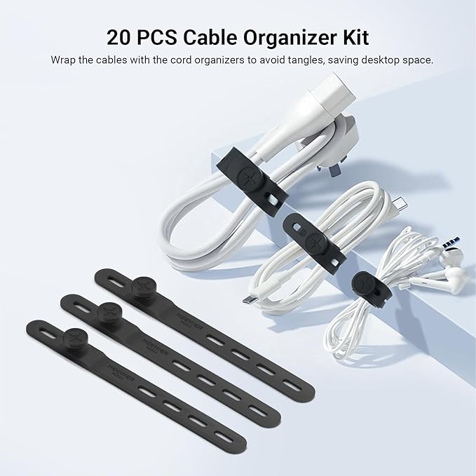 NEEWER 20PCS Silicone Cable Ties, Adjustable Reusable Office Desk Wire Organizer Data Cord Keeper Management Strap Accessories with Buckles for Power Audio Charging Electrical Cords, NC015
