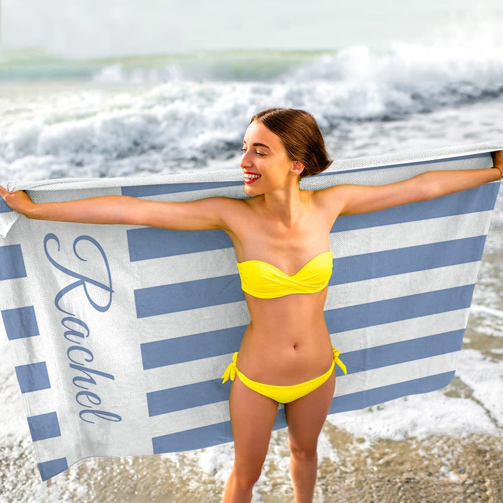 MeMoShe Personalized Beach Towel for Kids Custom Microfiber Beach Towels with Name Sand Free Pool Towel Quick Dry Blanket Stripes Print Beach Towels for Adults 30x60 Inch-Sky Blue