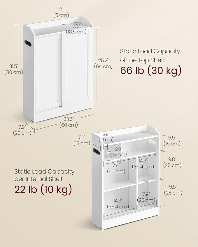 VASAGLE Narrow Storage Cabinet, Slim Floor Cabinet with Sliding Doors, Toilet Paper Holder and Brush Compartment, for Bathroom and Living Room, 7.9 x 23.6 x 31.5 Inches, Cloud White UBBC752W01