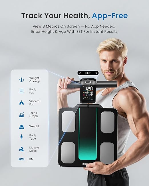 Smart Scale for Body Weight and Fat, 8-Electrode Full-Body Composition Scale with Handle, Dual-Frequency BIA, 28 Body Metrics, High Accuracy, Syncs with Apple Health & Google Fit, FSA&HSA Eligible