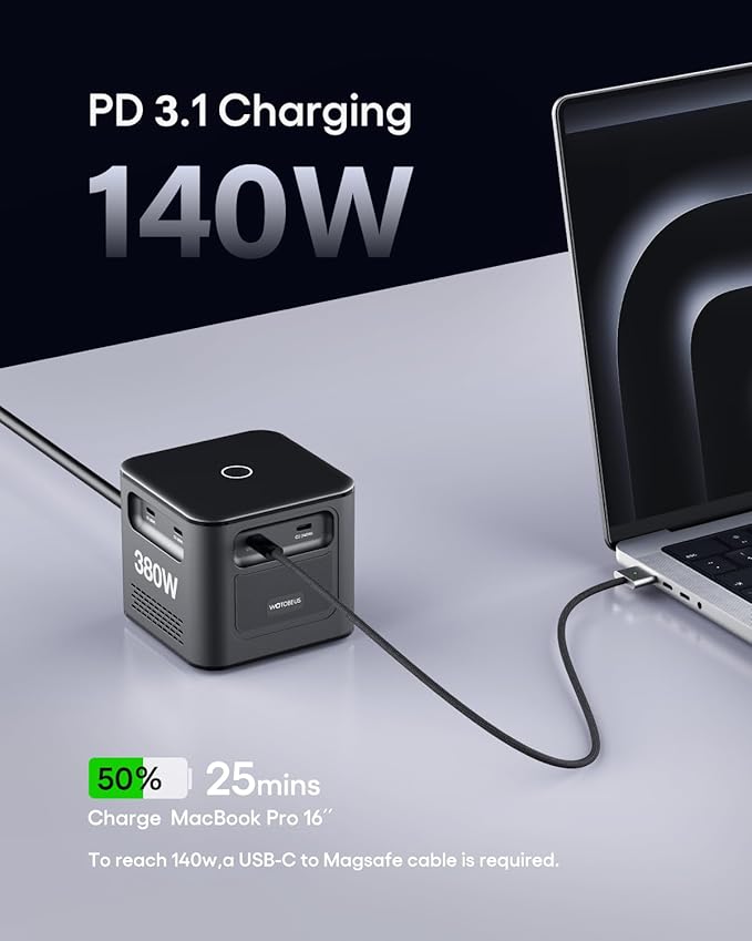 WOTOBEUS 380W 8-Ports GaN USB-C Charging Station with ETL, USB-C Cable with LED Power Display, Multi-Device Charger with PD3.1 140W for MacBook Pro, Laptops, PD100W 65W Super Fast Charging 2.0 45W