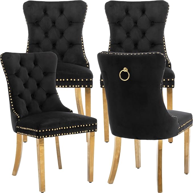 Luxury Upholstered Dining Chairs Set of 4, Black Kitchen Chair with Golden Metal Legs, Velvet Tufted Back Dining Chair, Sillas de Comedor, Modern Kitchen & Dining Room Chairs (Black, 4 Pcs)