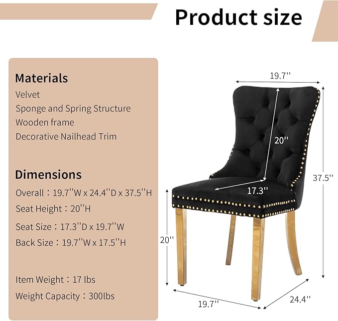 Luxury Upholstered Dining Chairs Set of 6, Black Kitchen Chair with Golden Metal Legs, Velvet Tufted Back Dining Chair, Sillas de Comedor, Modern Kitchen & Dining Room Chairs (Black, 6 Pcs)