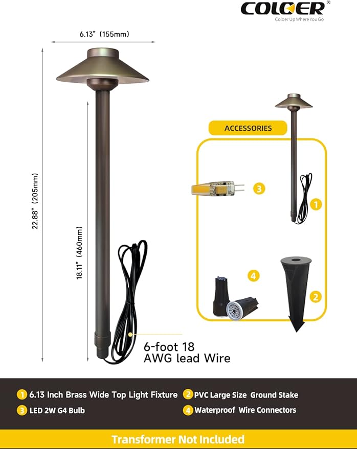 COLOER Brass Low Voltage Pathway Lights Wired 4-Pack with 2W LED G4 Bulb,12V Waterproof China Hat Outdoor Path Lighting for Yard, Patio, Landscape, Planter, Walkway(602B)