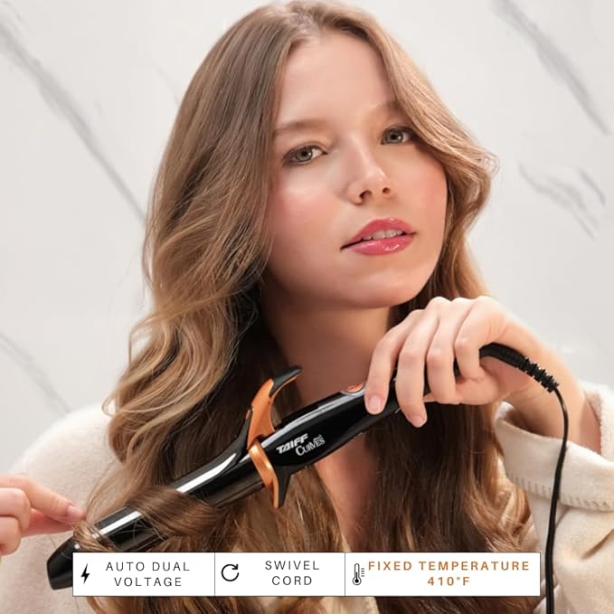 TAIFF Curves Professional Black Titanium Curling Iron – High-Performance Hair Curler & Rizadora para Cabello with Dual Voltage | Fixed Temperature 410°F | 1”