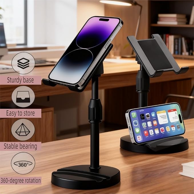 Adjustable Height Phone and Tablet Stand Dual Device Holder with 360° Rotation Sturdy Non-Sturdy Non-Slip Base with Card Slot for Livestream Watching Videos Work Gaming