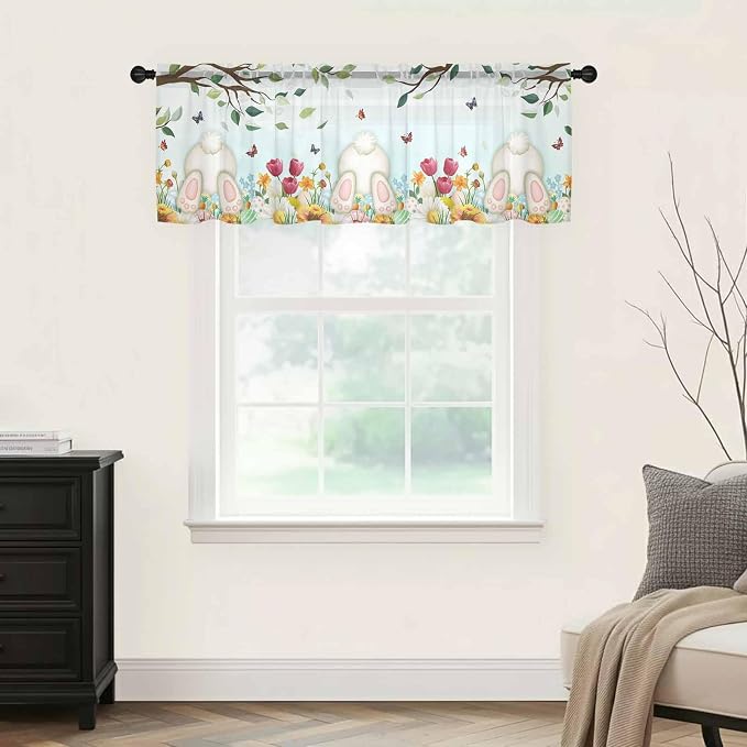 Easter Sheer Valances for Windows 54"x18", Light Filtering Kitchen Curtains