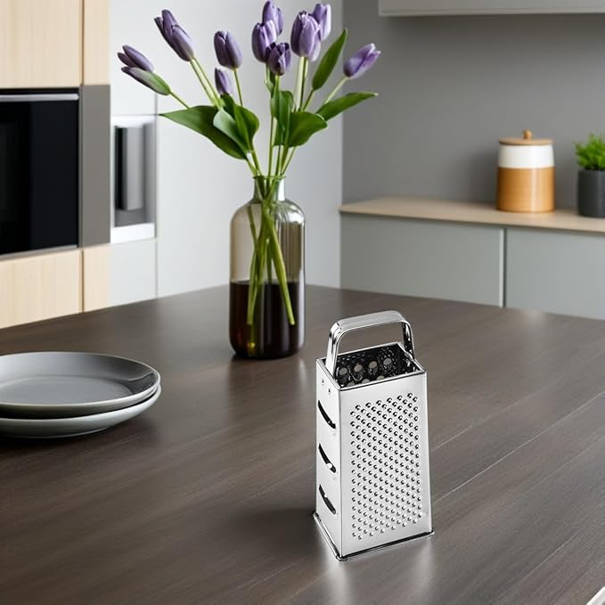 Ciieeo Multifunctional 4-Sides Box Grater Stainless Steel Kitchen Gadget for Cheese Vegetable Fruit Grating and Slicing with Comfortable Grip Compact 9.64X4.17X3.14 Inch