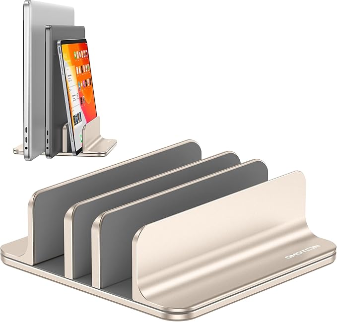 OMOTON 3-Slot Vertical Laptop Stand, Desktop Aluminum Stand for MacBook with Adjustable Dock Size, Fits All MacBook, Surface, Chromebook and Gaming Laptops (Up to 17.3 inches), Starlight