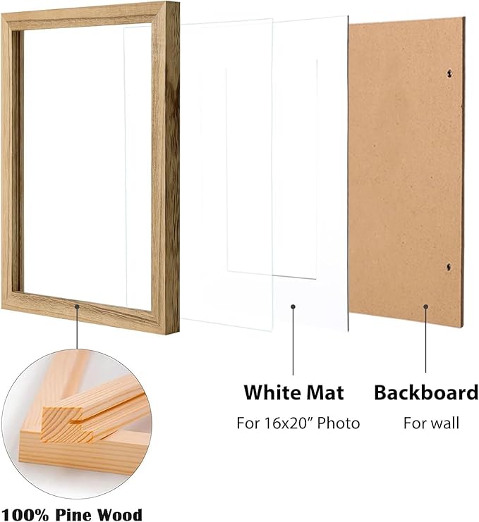 Egofine 18x24 Solid Wood Picture Frame, Made of Solid Wood Covered by Plexiglass 16x20 with Mat 18x24 without Mat, Poster Frame for Wall Mounting Photo Vertically or Horizontally, Carbonized Brown