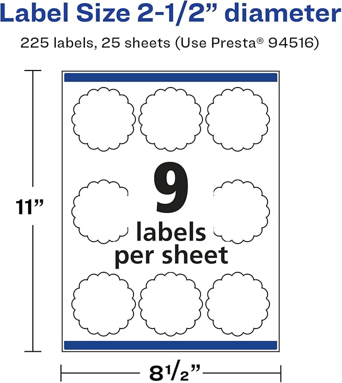 Avery Glossy White Round Scalloped Labels, Sure Feed Technology, 2.5" Diameter, 225 Glossy White Labels, Print-to-The-Edge, Permanent Adhesive, Laser/Inkjet Printable