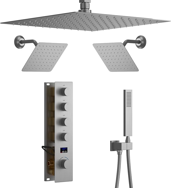 KATAIS Digital Display Shower Fixtures Brushed Nickel Shower System with 12 inch Ceiling Mounted Shower Head and 2 Wall Mounted Shower Head(8 inch), Handheld Shower