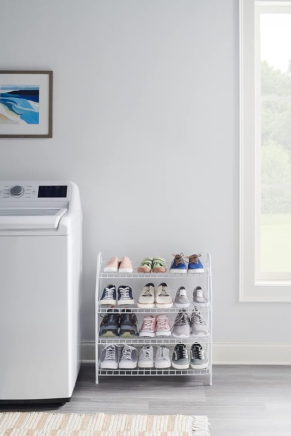 Rubbermaid 4-Tier Wire Shoe Rack, White, Simple Assemble, Storage Shelf for Organization in Bedroom/Closet