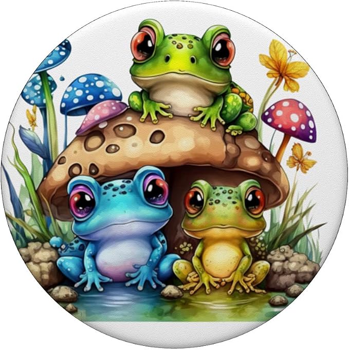 Colorful Frog Family on Toadstool Cartoon Mobile Holder PopSockets Adhesive PopGrip