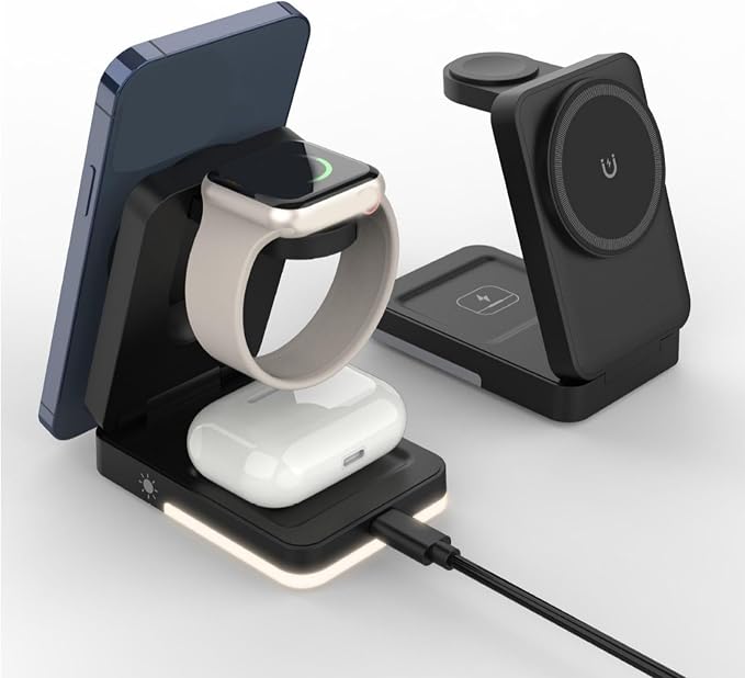 3 in 1 Wireless Charger Stand 15W Fast Charging Foldable Magnetic Dock for Phone Watch Earphone Type C Portable Station with Heat Dissipation (Black)