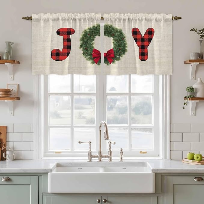 Red Green Christmas Kitchen Tier Curtains 24 Inch Long 2 Panel Set, Rod Pocket