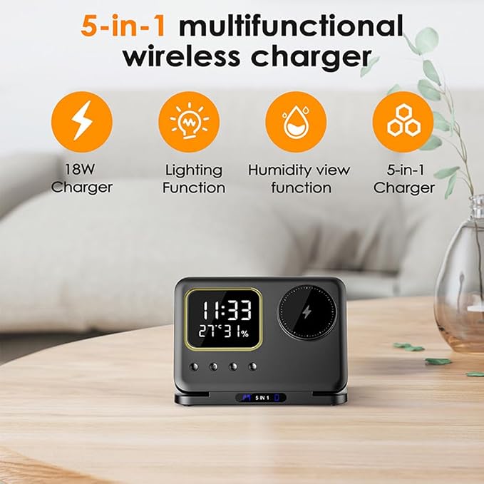 IHAO 3in1 Multifunctional Foldable Wireless Charging Station with LED Ambient Night Light Fast QC3.0 Charger for Phone iWatch Headphone Space-Saving Auto-Shutoff &amp Overcharge Protection-Black