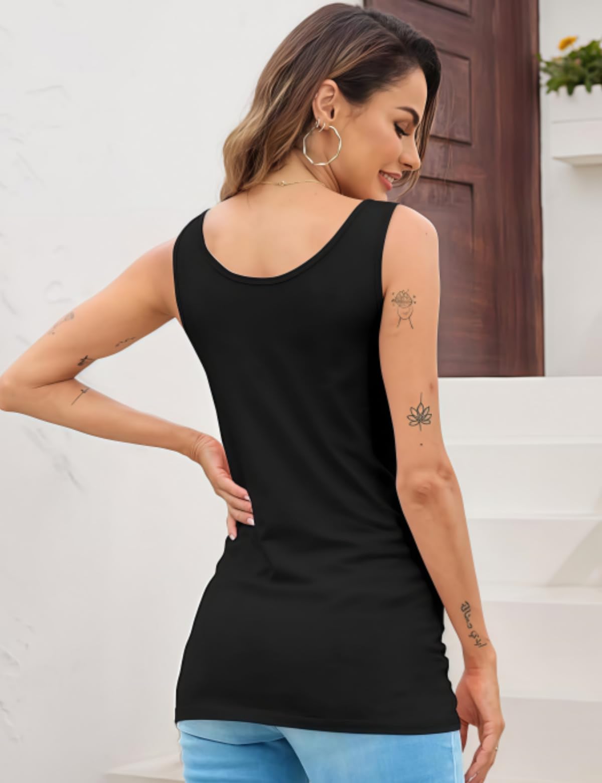 H HIAMIGOS Women's 3 Pack Long Tank Tops Stretchy Cotton Sleeveless Tops Undershirt Layering Workout Yoga Cami Tanks Black+White+Grey (U Back) X-Large