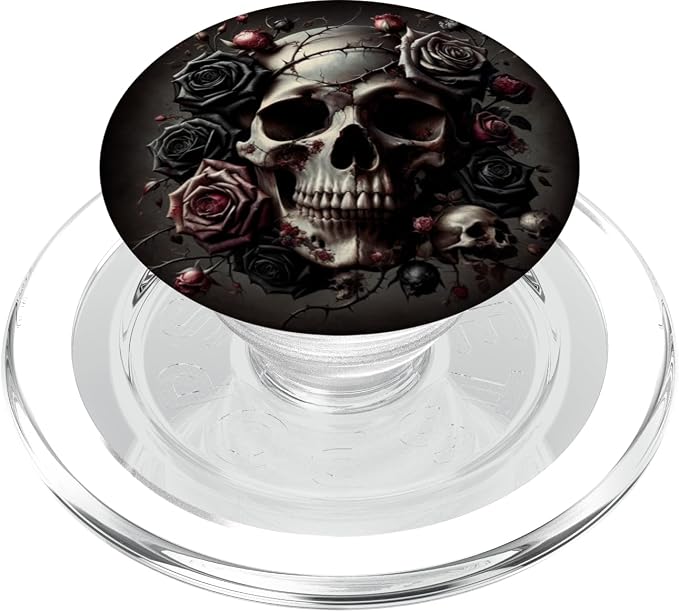 Skull and Roses Floral Black Dark Goth Horror Skull PopSockets PopGrip for MagSafe