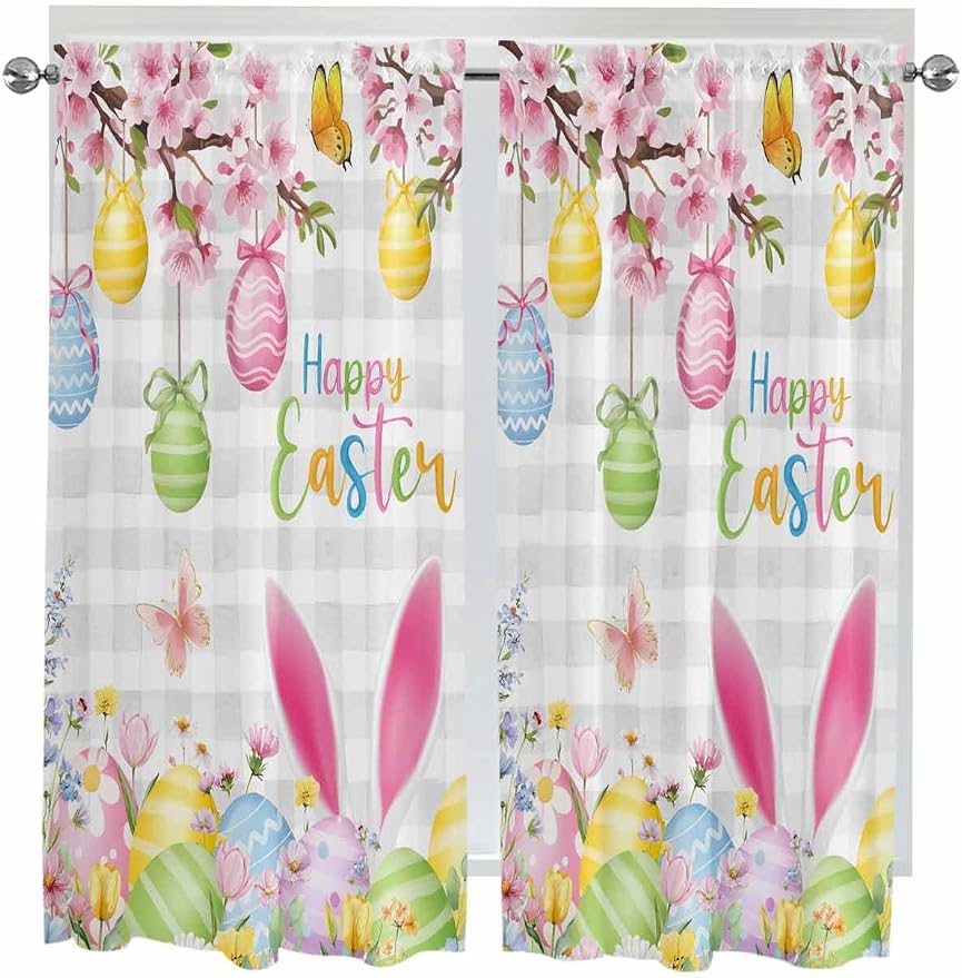 Happy Easter Living Room Curtains 72 Inches length, Spring Watercolor Bunny