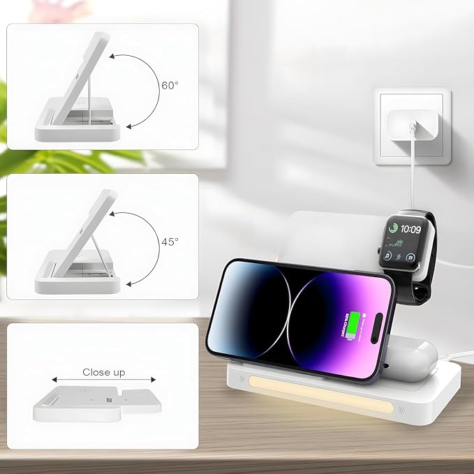 3-in-1 Wireless Charging Station with a Foldable Charging Base Compatible with Multiple Devices Featuring a 15W Fast-Charging Adapter Suitable for iPhone Apple Watch(Black)