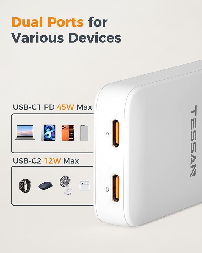 USB C Wall Charger Block PD 65W TESSAN Flat Fast Phone Charger Foldable | 2 USB C GaN Type C Fast Charging Block 0.58'' Ultra Slim Charger for iPhone 17/16/15 Series Samsung Galaxy Models Travel