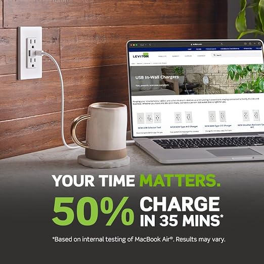 Leviton 30W (6A) USB Dual Type-C/C Power Delivery In-Wall Charger with 15A Tamper-Resistant Outlet USB Charger for Smartphones Tablets Laptops T5635-E Black