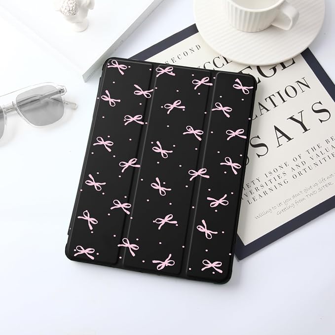 JOYLAND Pink Bow Compatible with iPad 6th/5th Generation (2018 2017 Model 9.7 Inch)iPad Air 2/Air 1 (9.7 Inch) with Pencil Holder-Trifold Stand Protective Cover with Soft TPU BackBlack