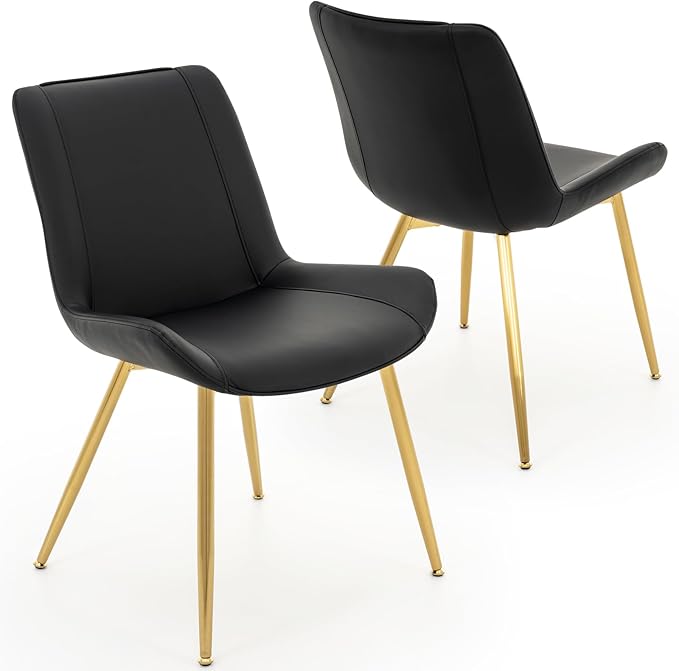 Brage Living Dining Chairs Set of 2, PU Leather Modern Armless Kitchen Dining Room Chairs, Upholstered Accent Side Chairs with Metal Legs (Black, Gold Legs)