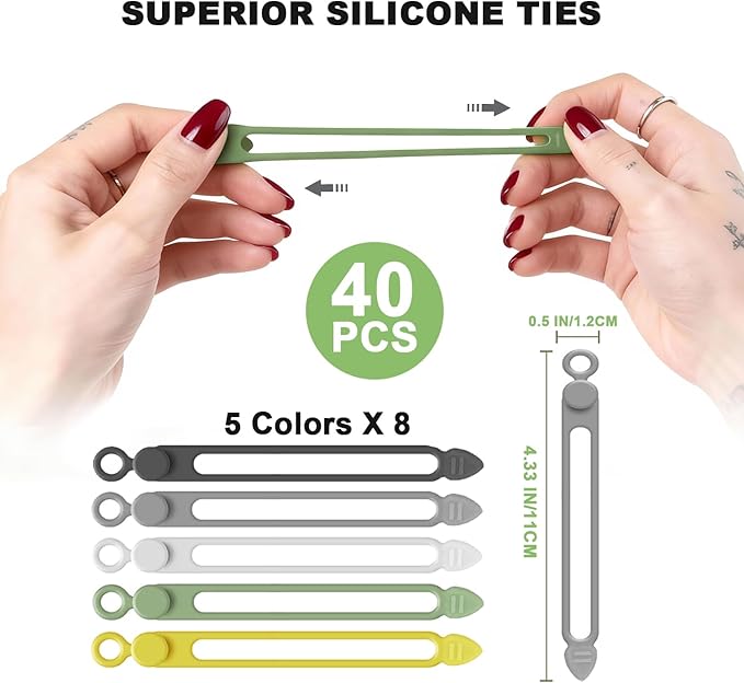 AUFORPET 40Pcs Silicone Cable Ties with Box, Reusable Cord Organizer Rope, Elastic Cord Ties for Electronics, Essentials Straps Wires for Fastening Home Office Kitchen Travel Appliances