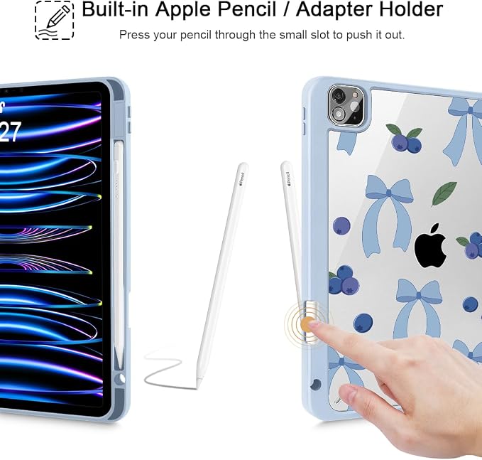 Tuiklol for iPad Pro 11 Inch 4th / 3rd / 2nd / 1st Gen (2022 2021 2020 2018) Case -Built-in Pencil Holder Shockproof Cover Clear Transparent Back Shell with Auto Wake/Sleep Black Flower