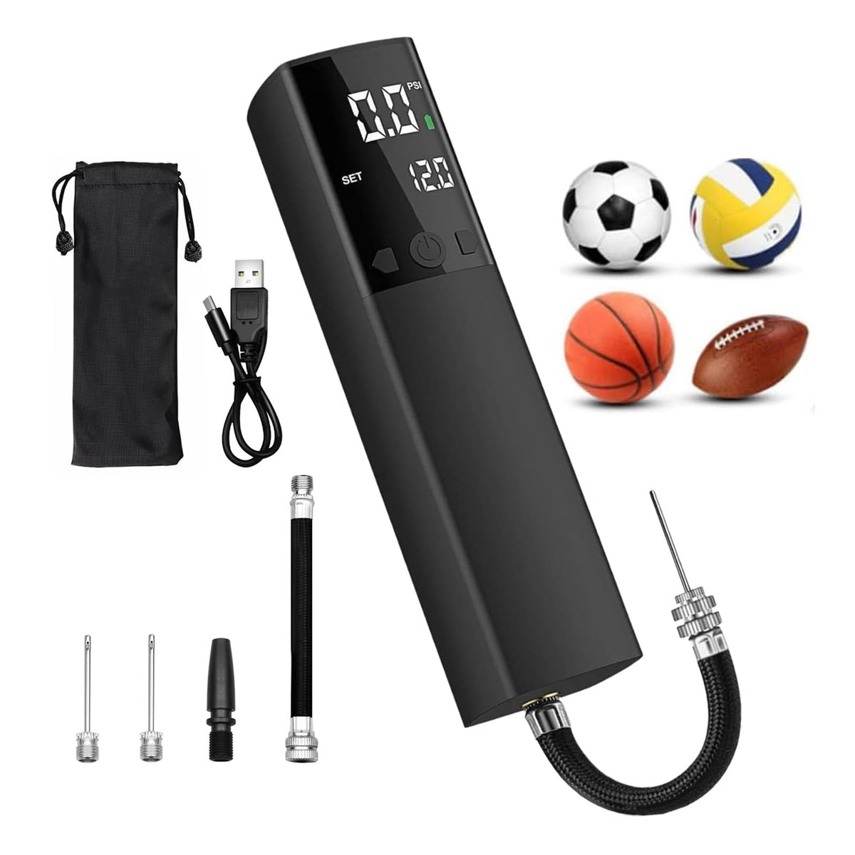 Brrnoo Smart Electric Ball Pump with LCD Display & LED Flashlight – 12 PSI Portable Mini Air Pump for Basketball, Soccer, Volleyball, Swimming Rings, Automatic Stop & USB Rechargeable